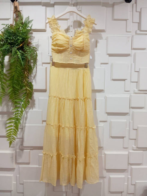 Summer Padded Crop Blouse with Tiered Long Skirts Sets